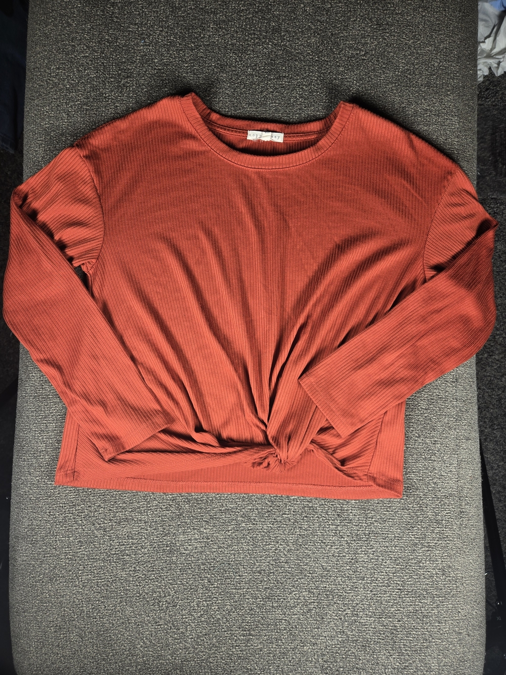 Copper Key Ribbed Long-Sleeve Knot Front Top - Rust Orange